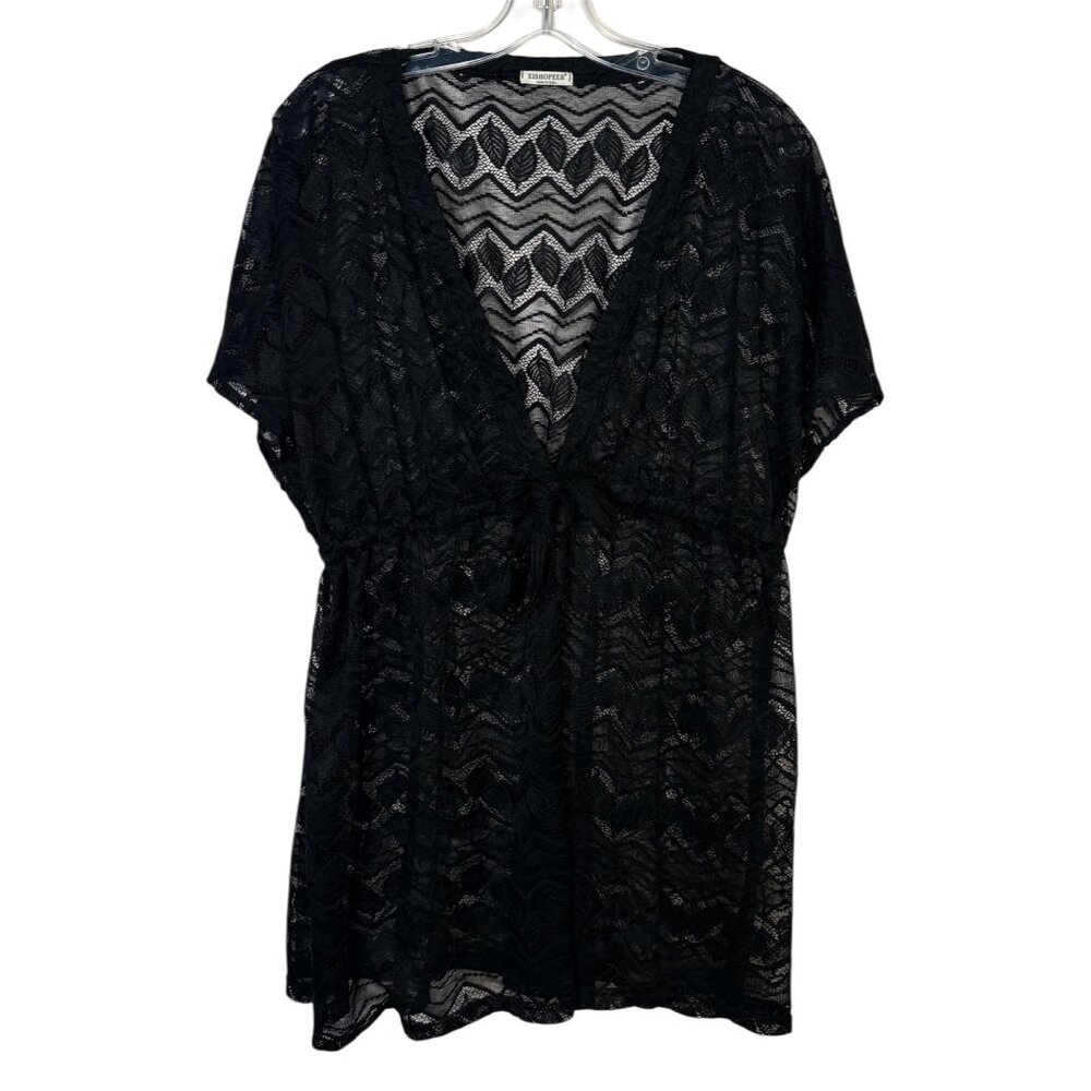Eishopeer Womens 2XL Black Lace V-Neck Beach Swimsuit Cover-Up Dress Sheer